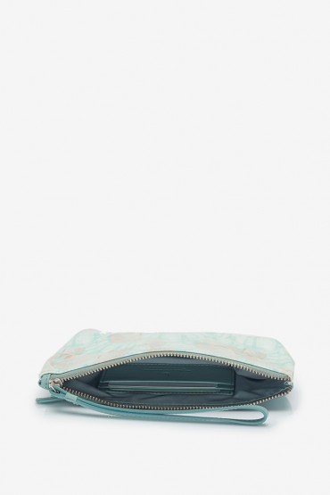 Women's leather cosmetic bag in turquoise with navy print