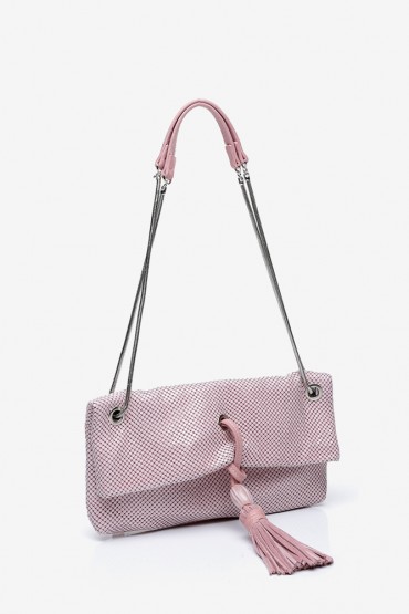 Women's pink metallic mesh baguette party bag