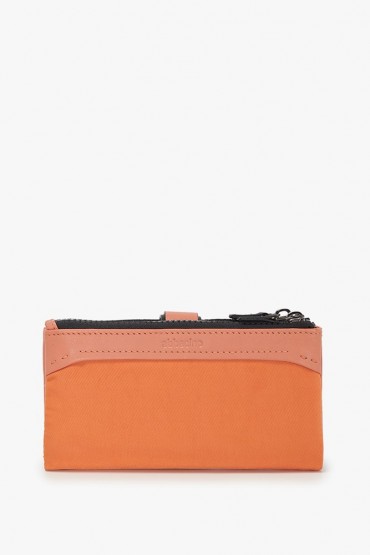 Women's large leather and orange nylon wallet
