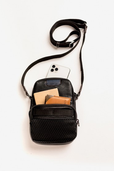 Men's black die-cut XS crossbody bag in recycled materials