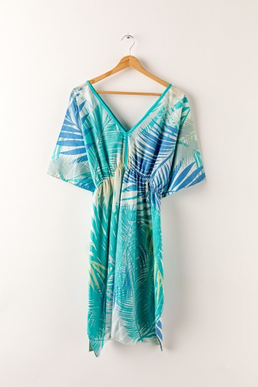 Women's kaftan in cotton with tropical turquoise print