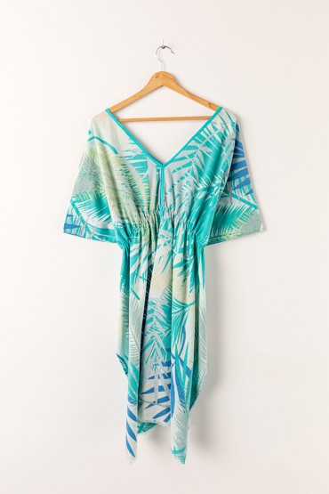 Women's kaftan in cotton with tropical turquoise print