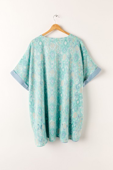 Women's reversible kimono in cotton with abstract turquoise print