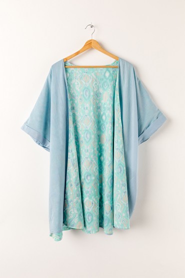 Kimono reversible de mujer de algodón con print abstracto en turquesa