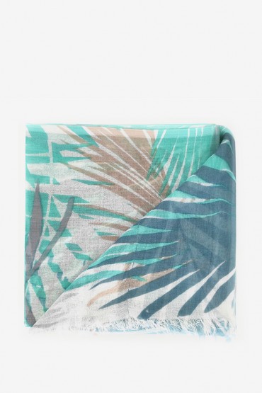 Women's viscose scarf with turquoise tropical print