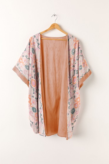 Kimono reversible de mujer de algodón con print abtracto en rosa