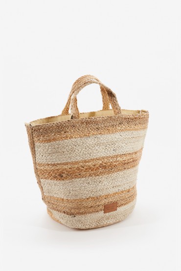 Women's medium raffia basket with stripes in white
