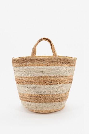 Women's medium raffia basket with stripes in white