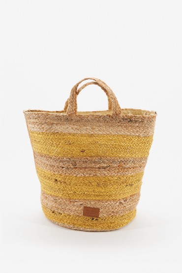 Women's medium raffia basket with stripes in yellow