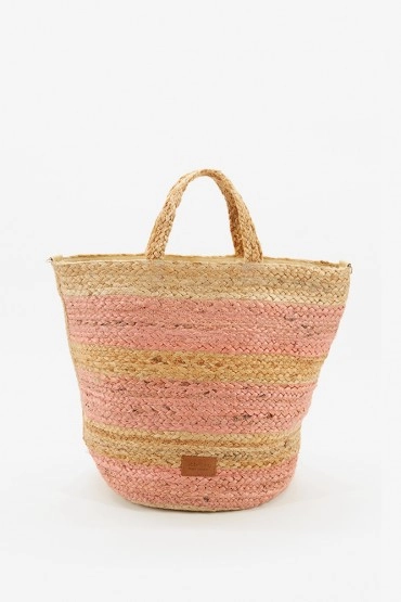 Women's medium raffia basket with stripes in pink