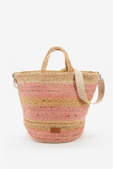 Women's medium raffia basket with stripes in pink