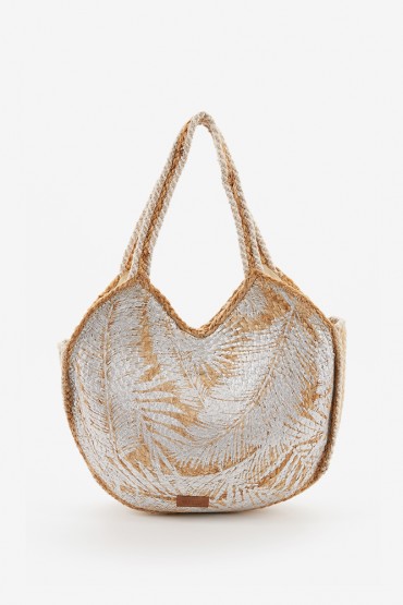Women's circular raffia bag with silver print