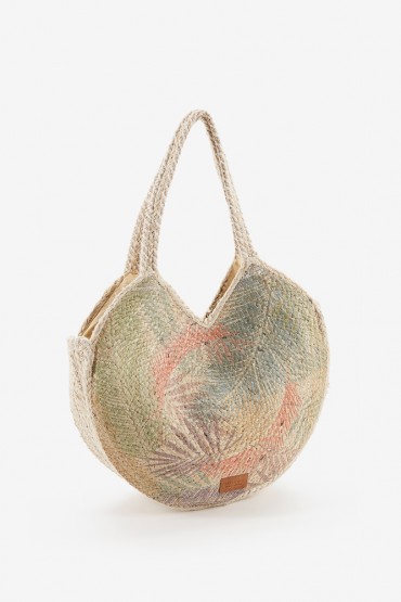 Women's circular raffia bag with multicolour print
