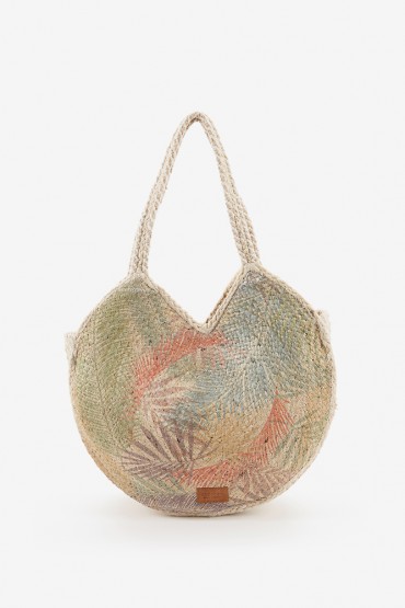 Women's circular raffia bag with multicolour print