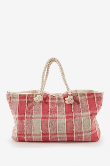 Women's beach bag in cotton with pink print