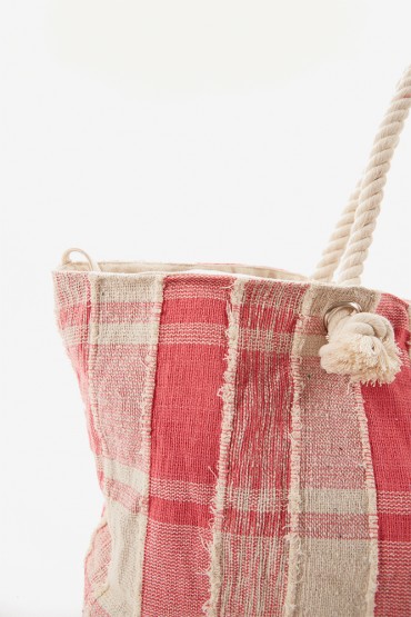 Women's beach bag in cotton with pink print