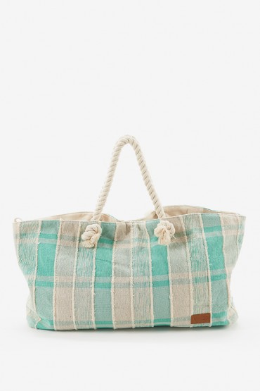 Women's beach bag in cotton with turquoise print