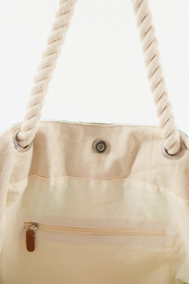 Women's beach bag in cotton with turquoise print