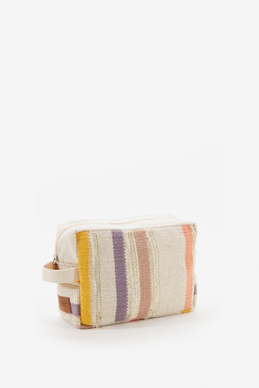 Women's cosmetic bag in cotton with pink tones striped print