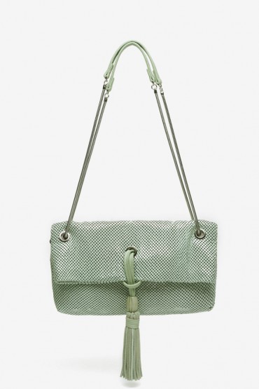 Women's green metallic mesh baguette party bag
