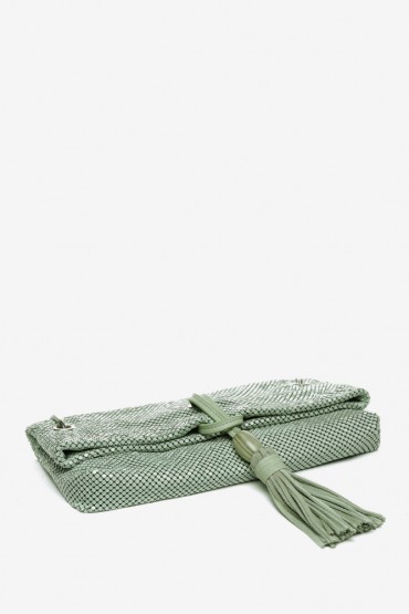 Women's green metallic mesh baguette party bag