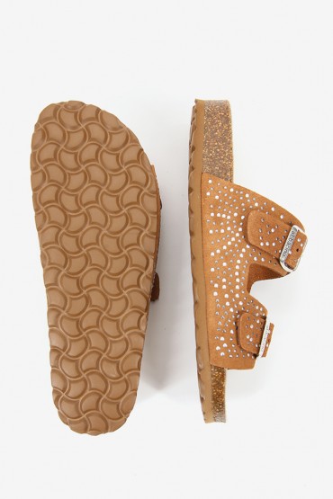 Women's cognac suede flat sandal with studs