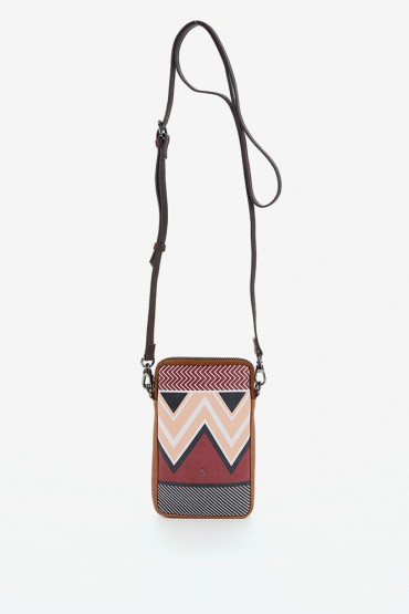 Women's burgundy phone bag with geometric print