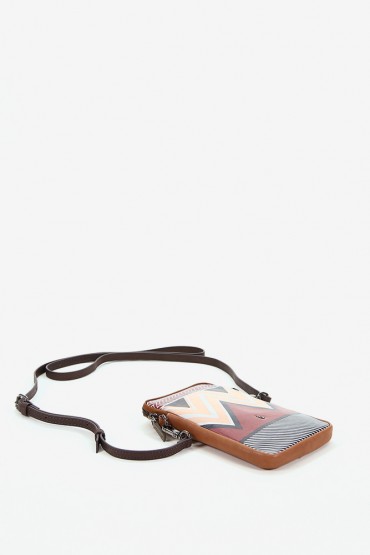 Women's burgundy phone bag with geometric print