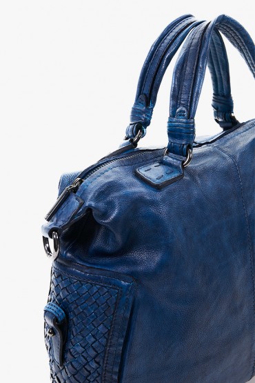 Women's blue braided leather bowling bag