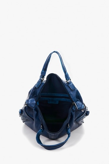 Women's blue braided leather bowling bag