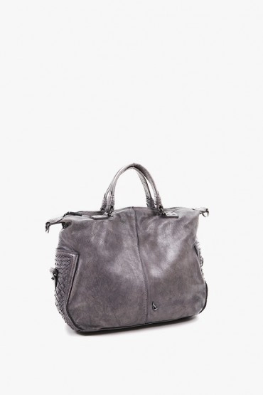 Women's taupe braided leather bowling bag