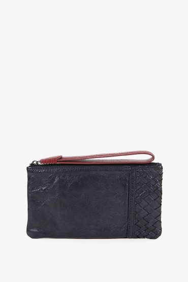 Women's black leather cosmetic bag with braided detail