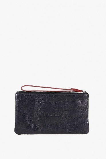 Women's black leather cosmetic bag with braided detail