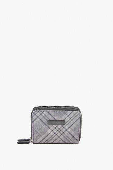 Women's small leather wallet with grey plaid print