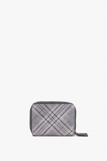 Women's small leather wallet with grey plaid print