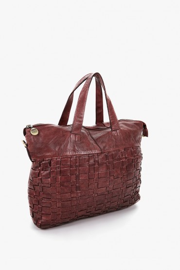 Women's burgundy shopper bag in braided leather
