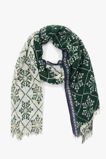 Women's wool scarf with green geometric print