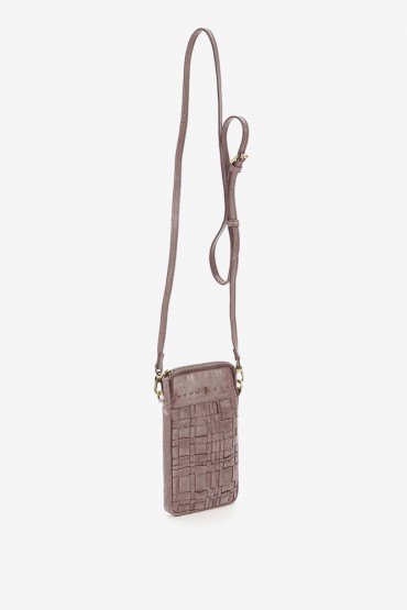 Women's pink mini phone bag in braided leather