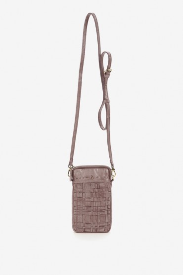 Women's pink mini phone bag in braided leather
