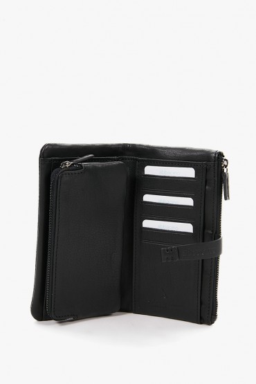 Women's large wallet with patchworks in black leather