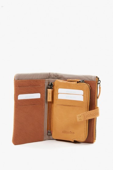 Women's medium wallet with patchworks in amber leather