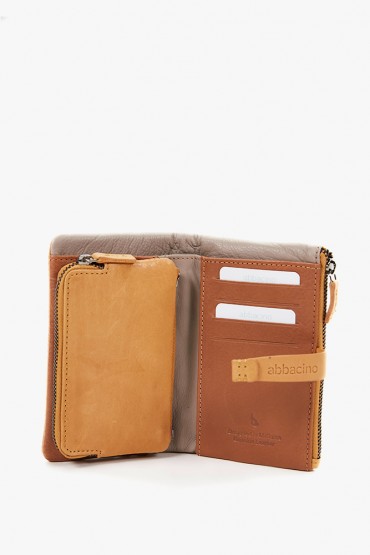 Women's medium wallet with patchworks in amber leather