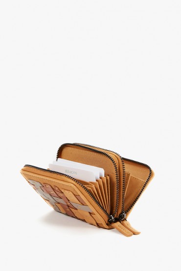 Women's small wallet with patchworks in amber leather