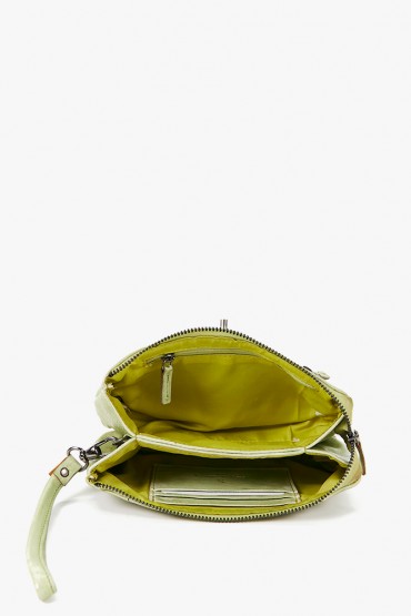 Cosmetic bag in green die-cut leather