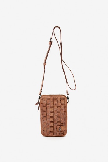 Mobile phone bag in cognac braided leather