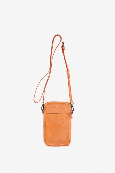 Mobile phone bag in orange braided leather