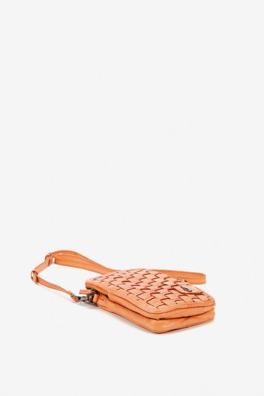 Mobile phone bag in orange braided leather