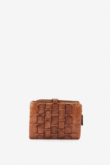 Women's small wallet in cognac braided leather
