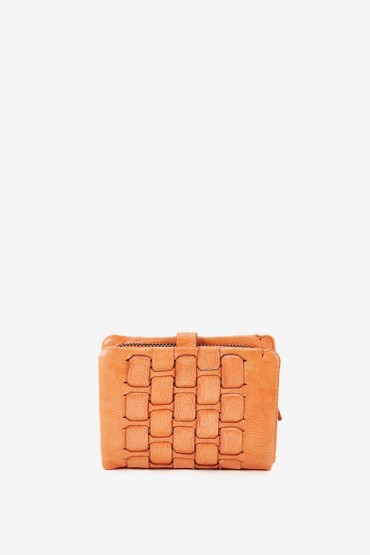 Women's small wallet in orange braided leather