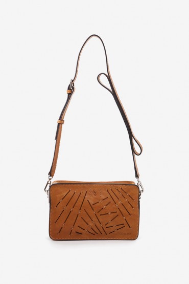 Women's small crossbody bag in cognac die-cut leather